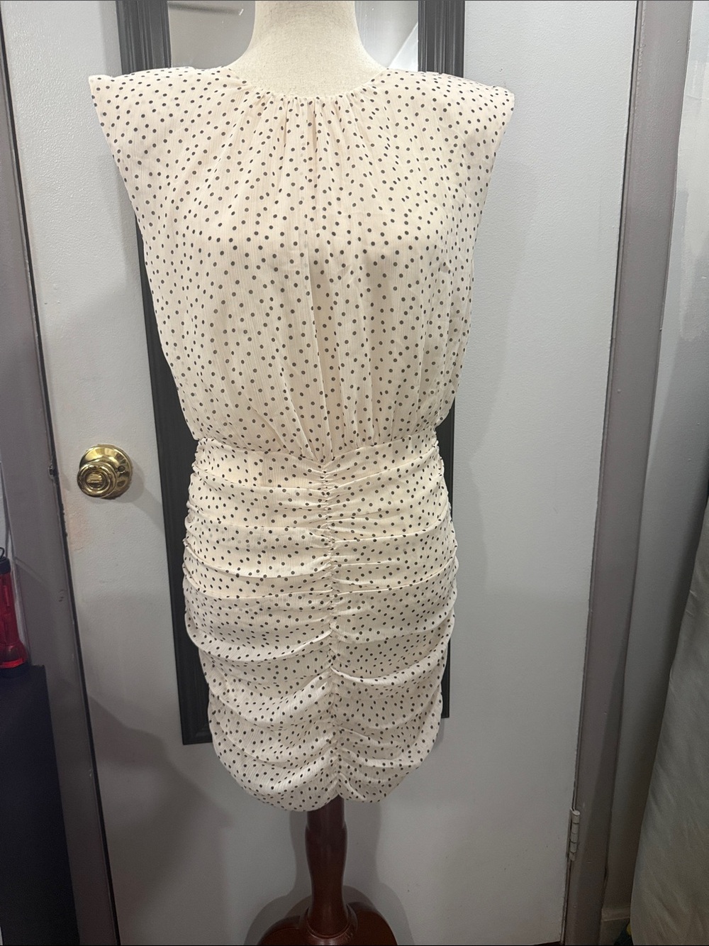 Mango Cream Polka Dot Ruched Mini Dress with shoulder pads